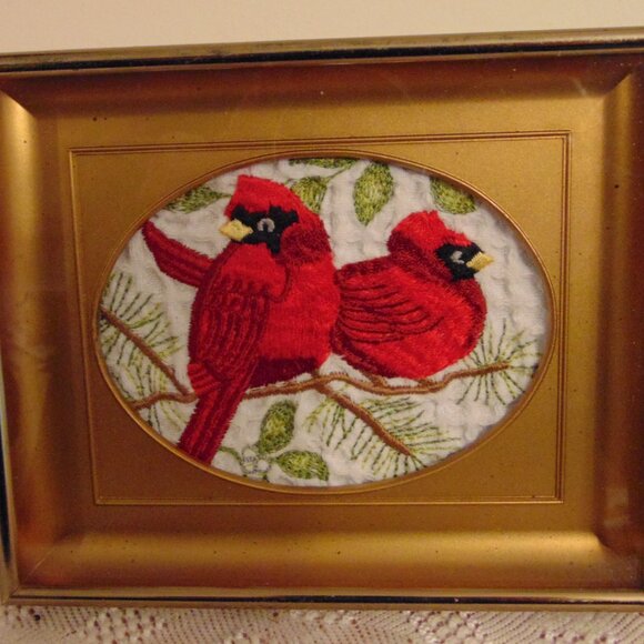 Two Embroidered Cardinals Sitting on Branch, Gold Frame, 6 x 5 inches - Picture 2 of 4